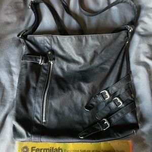 Soft black leather crossbody bag with zippers